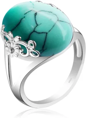 Natural Turquoise Stone Ring for Women,S925 Sterling Silver Edged with Flower Vine Thick Genuine Gemstone Turkey Ring Jewelry