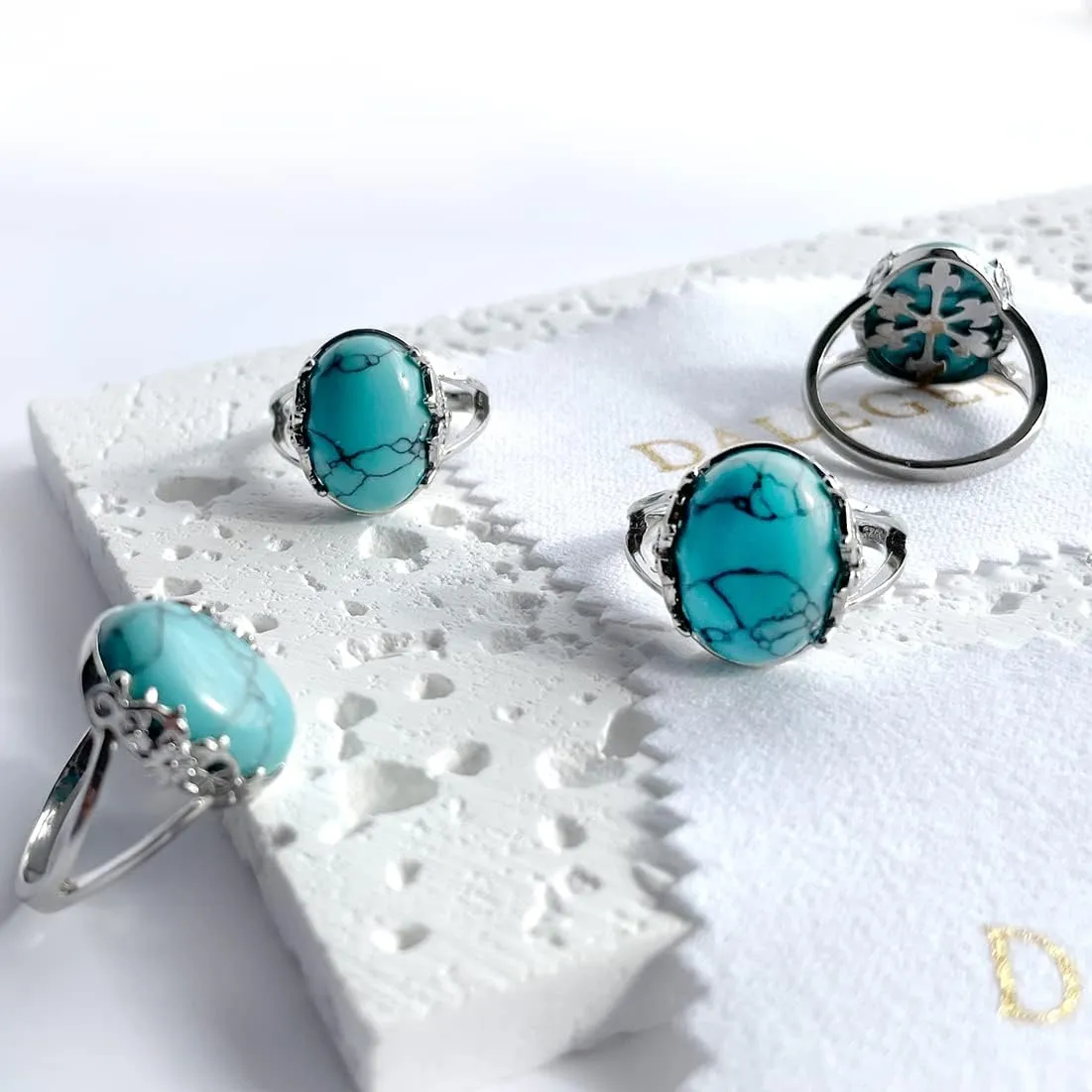 Natural Turquoise Stone Ring for Women,S925 Sterling Silver Edged with Flower Vine Thick Genuine Gemstone Turkey Ring Jewelry