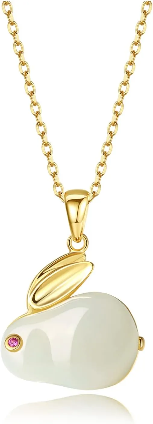 Natural White Hetian Jade Rabbit/Bunny Pendant Necklace,925 Sterling Silver Mother's Day Gift Anniversary Jewelry Birthday Gifts for Women Wife Girlfriend Her