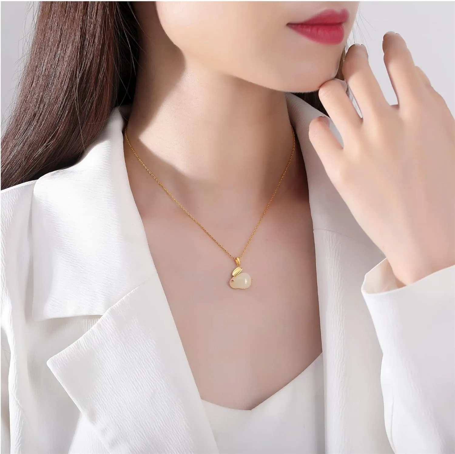 Natural White Hetian Jade Rabbit/Bunny Pendant Necklace,925 Sterling Silver Mother's Day Gift Anniversary Jewelry Birthday Gifts for Women Wife Girlfriend Her