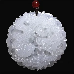 Natural White Jade Dragon Phoenix Pendant Necklace Chinese Hand-Carved Charm Jewelry Fashion Amulet for Men Women Lover Gifts