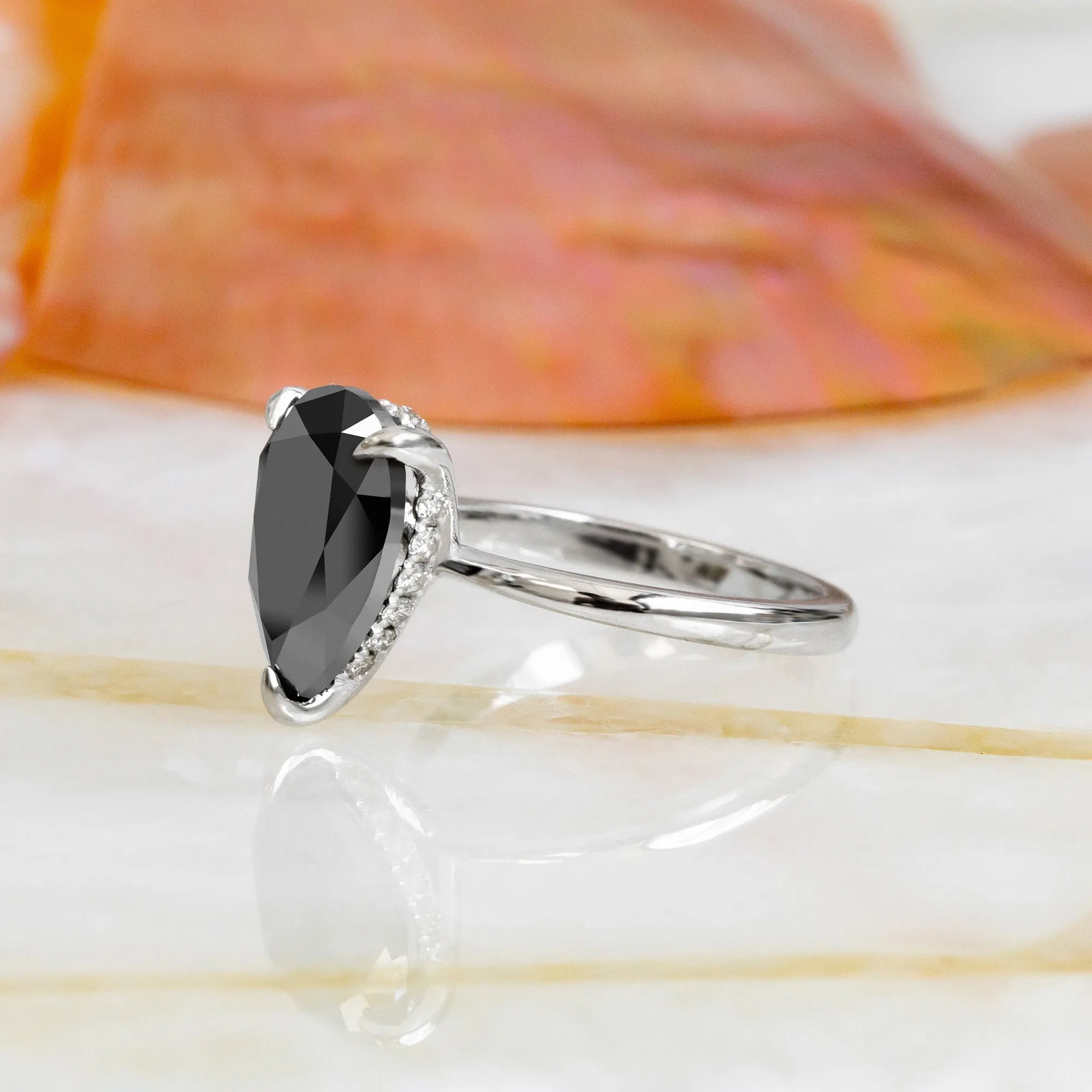 Noche Negra Hidden Halo Natural Black Diamond Pear Engagement Ring