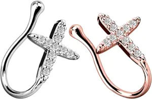 NOLITOY 2pcs Faux Nose Rings Clip-on Nose Cuff for Women Fake Septum Ring Set Metal Rhinestone Hoops