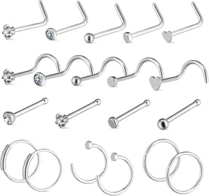 Nose Ring Hoops Studs Set 21 Pieces Stainless Steel Fashion Jewelry for Women Comfortable Nose Piercings Sturdy Nose Rings