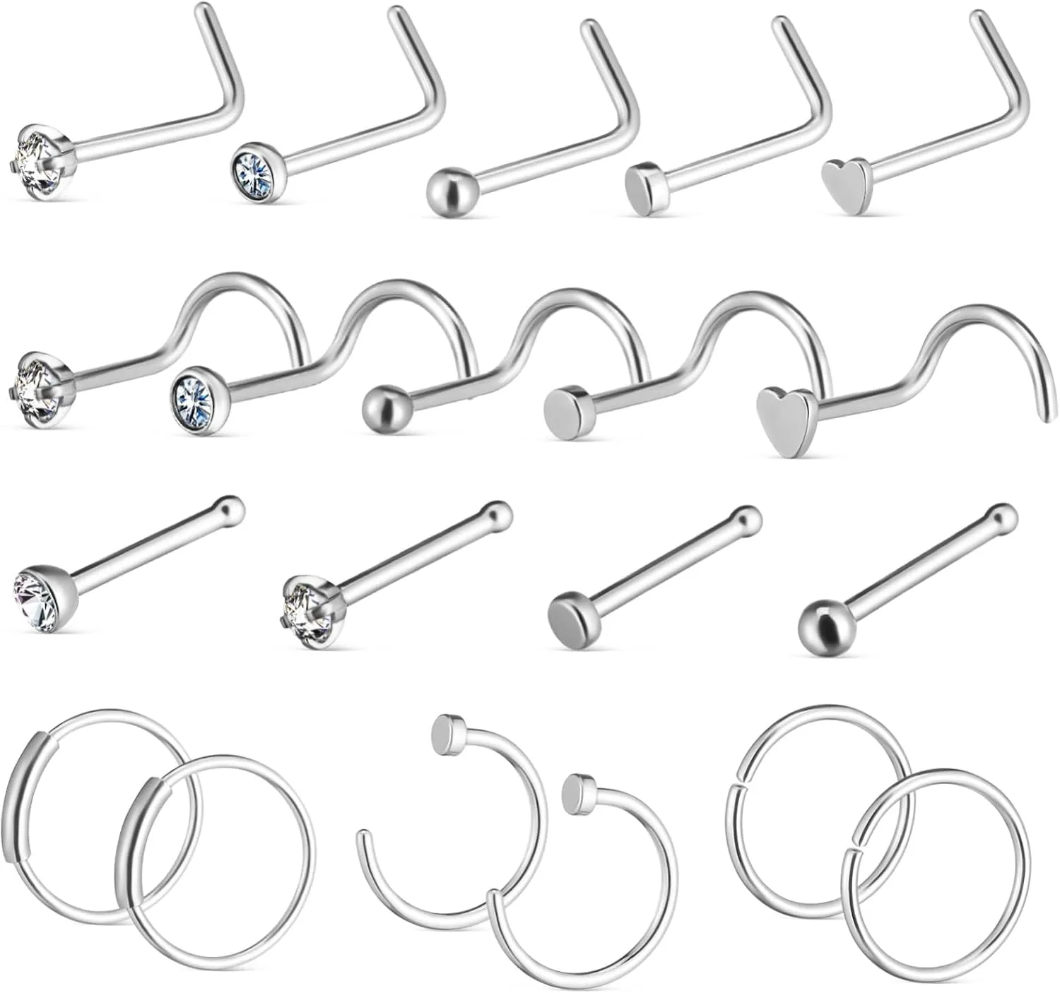 Nose Ring Hoops Studs Set 21 Pieces Stainless Steel Fashion Jewelry for Women Comfortable Nose Piercings Sturdy Nose Rings