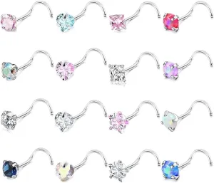 Nose Rings Studs for Women 16Pcs 18g/20g Nose Studs Hypoallergenic 316L Surgical Steel Nose Piercings Jewelry 3mm CZ & Opal Nose Ring L Shape Nose Stud 20 Gauge Nose Screw Studs
