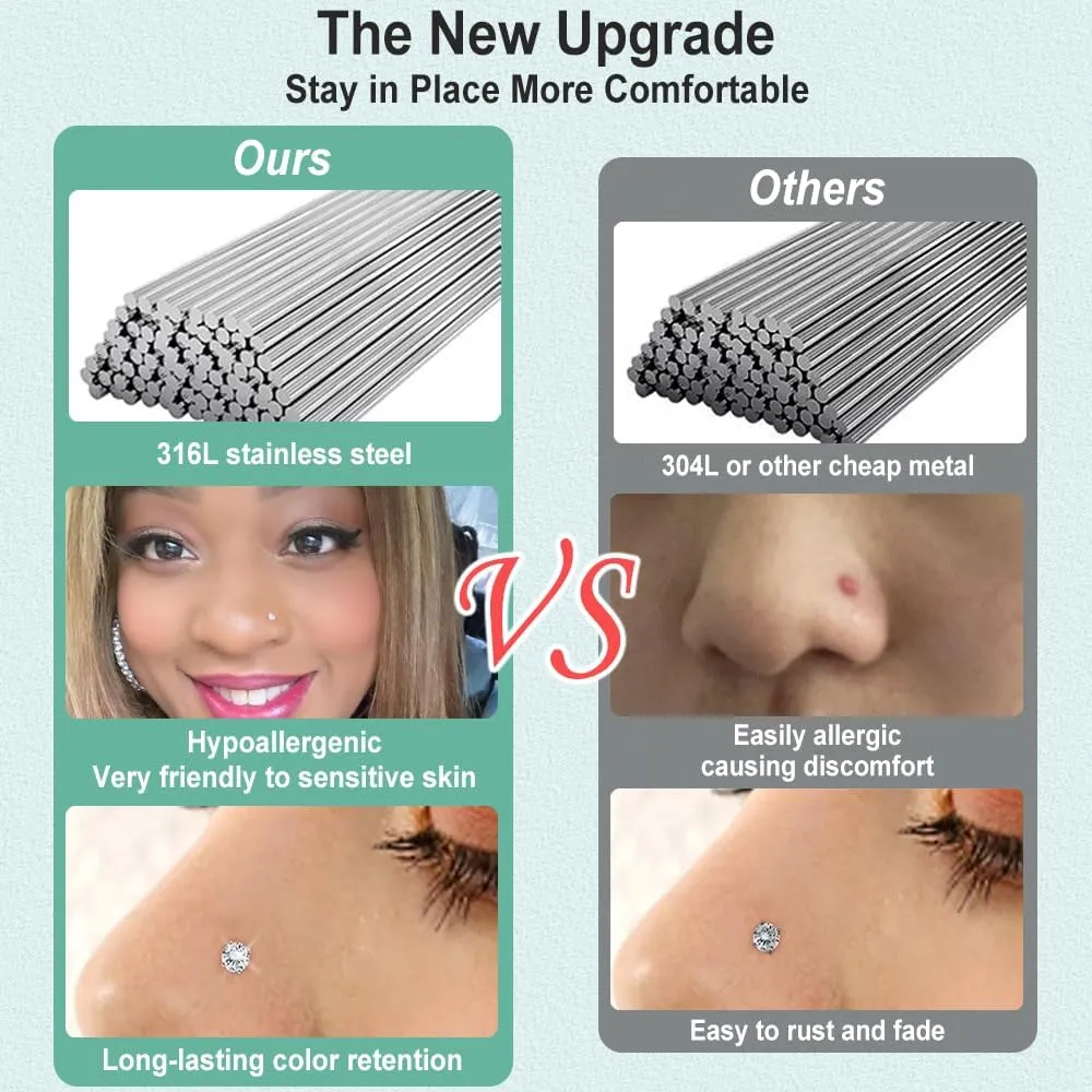 Nose Rings Studs for Women 16Pcs 18g/20g Nose Studs Hypoallergenic 316L Surgical Steel Nose Piercings Jewelry 3mm CZ & Opal Nose Ring L Shape Nose Stud 20 Gauge Nose Screw Studs