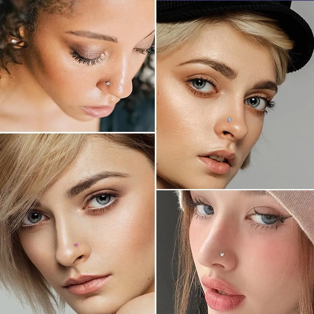Nose Rings Studs for Women 16Pcs 18g/20g Nose Studs Hypoallergenic 316L Surgical Steel Nose Piercings Jewelry 3mm CZ & Opal Nose Ring L Shape Nose Stud 20 Gauge Nose Screw Studs