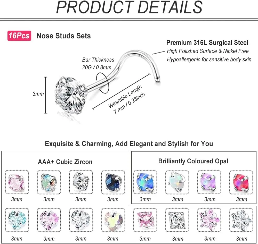 Nose Rings Studs for Women 16Pcs 18g/20g Nose Studs Hypoallergenic 316L Surgical Steel Nose Piercings Jewelry 3mm CZ & Opal Nose Ring L Shape Nose Stud 20 Gauge Nose Screw Studs