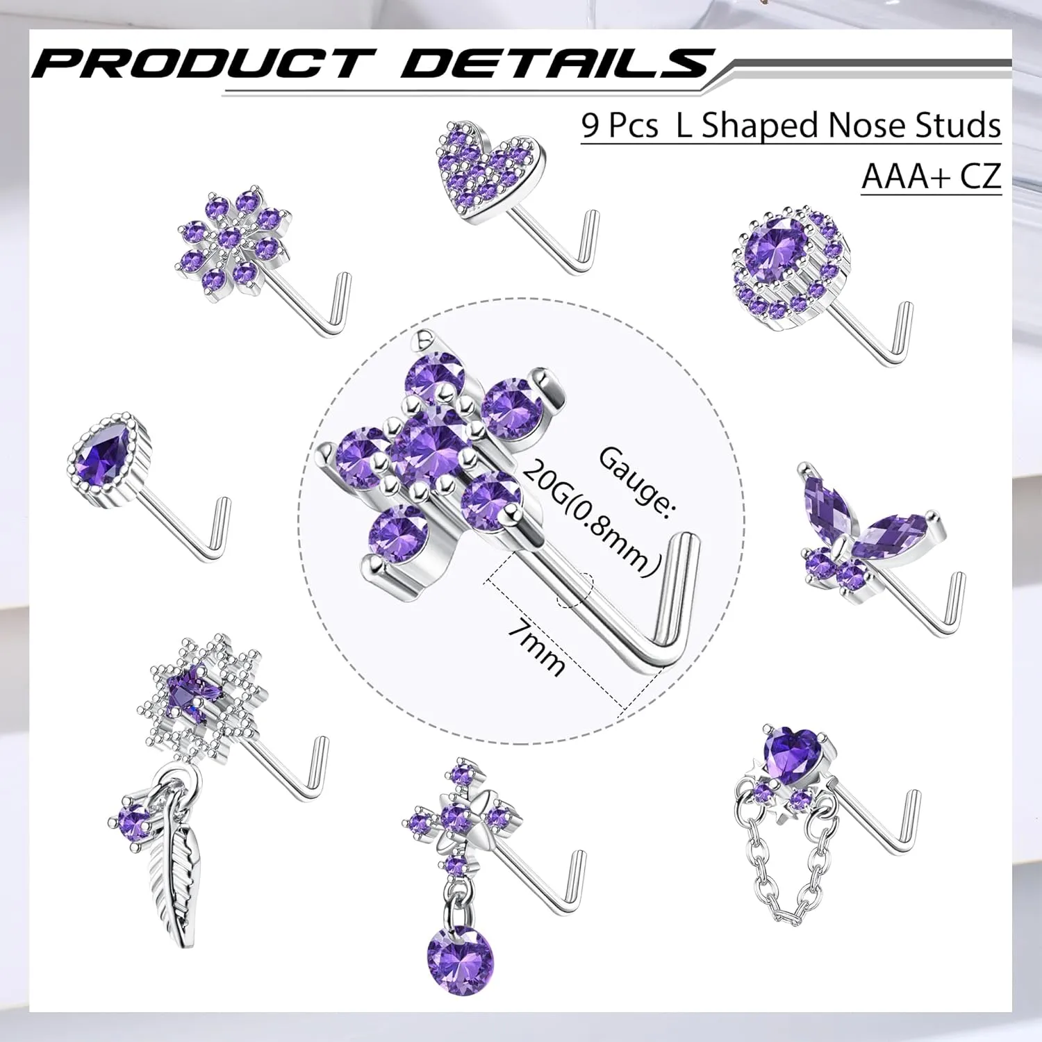 ORAZIO 9Pcs 20G Nose Rings Studs for Women Stainless Steel Nose Stud L Shaped Cute Dangle Nose Rings Butterfly Heart Star Feather Flower CZ L Shaped Nose Ring Studs Silver Dangling Nose Piercing Jewerly