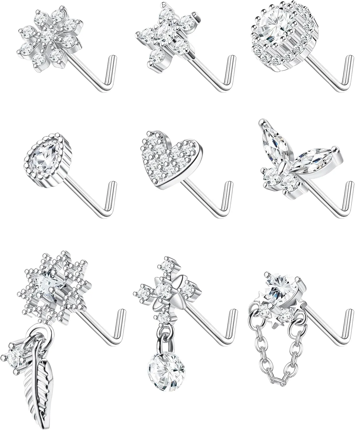 ORAZIO 9Pcs 20G Nose Rings Studs for Women Stainless Steel Nose Stud L Shaped Cute Dangle Nose Rings Butterfly Heart Star Feather Flower CZ L Shaped Nose Ring Studs Silver Dangling Nose Piercing Jewerly