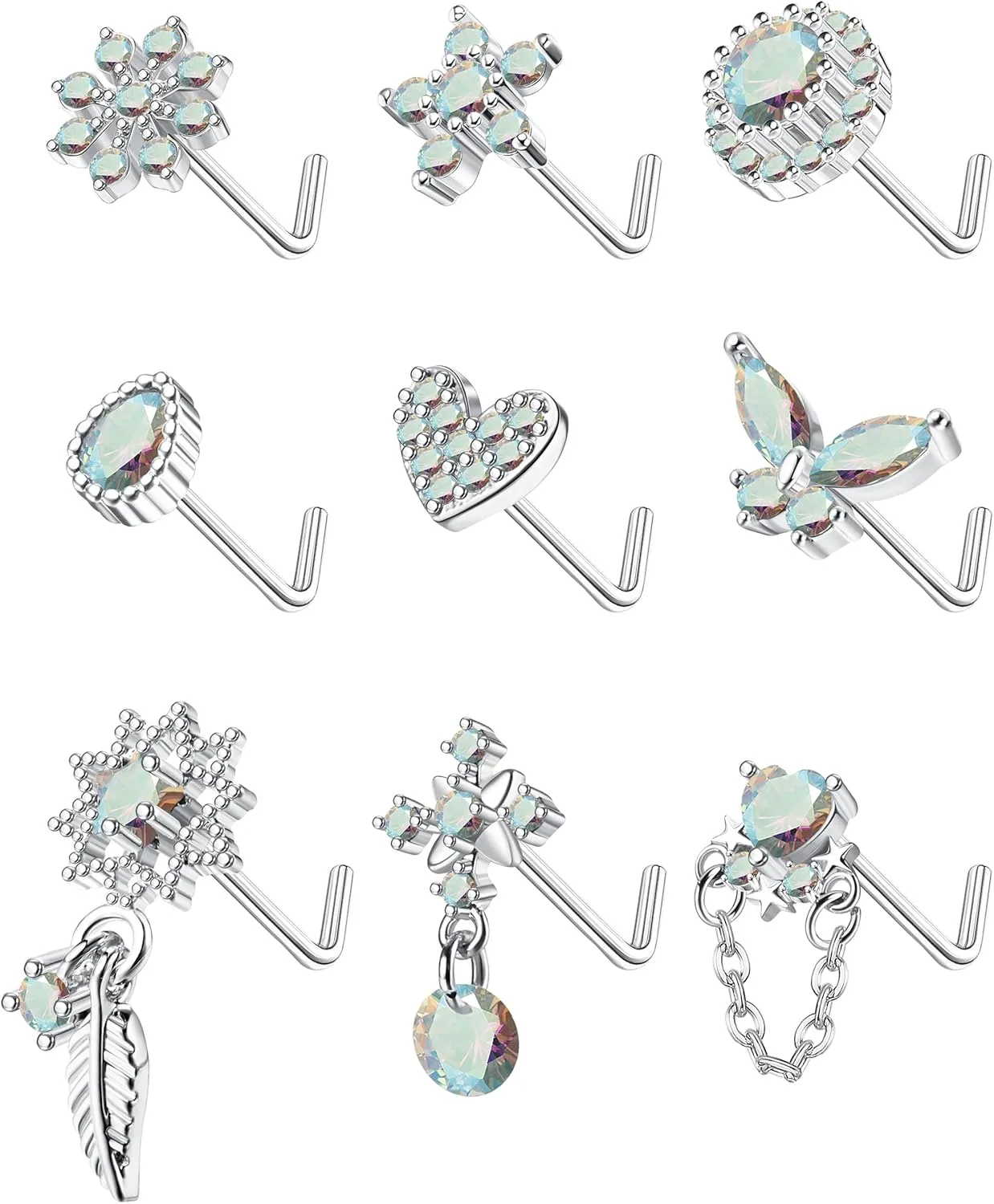 ORAZIO 9Pcs 20G Nose Rings Studs for Women Stainless Steel Nose Stud L Shaped Cute Dangle Nose Rings Butterfly Heart Star Feather Flower CZ L Shaped Nose Ring Studs Silver Dangling Nose Piercing Jewerly