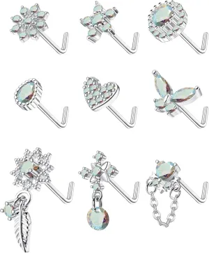 ORAZIO 9Pcs 20G Nose Rings Studs for Women Stainless Steel Nose Stud L Shaped Cute Dangle Nose Rings Butterfly Heart Star Feather Flower CZ L Shaped Nose Ring Studs Silver Dangling Nose Piercing Jewerly