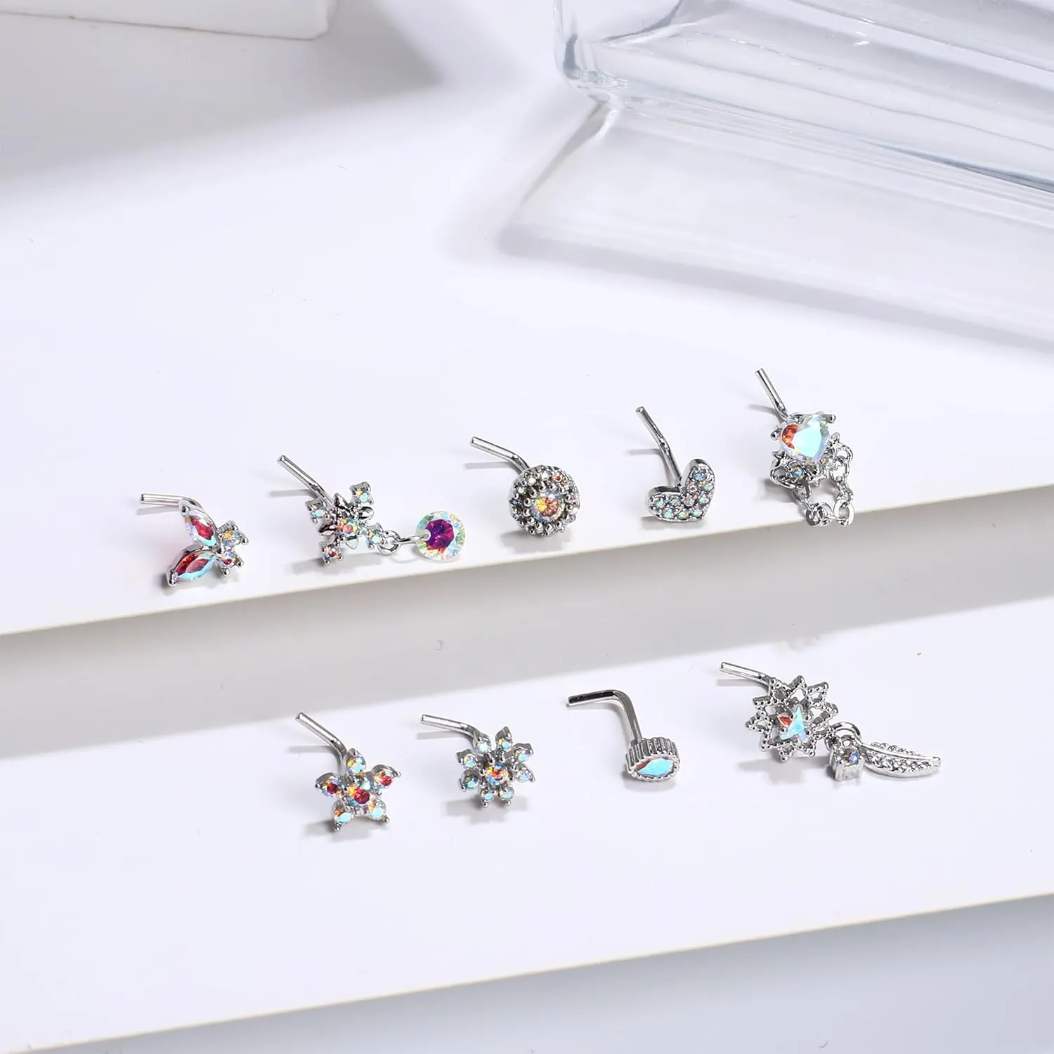 ORAZIO 9Pcs 20G Nose Rings Studs for Women Stainless Steel Nose Stud L Shaped Cute Dangle Nose Rings Butterfly Heart Star Feather Flower CZ L Shaped Nose Ring Studs Silver Dangling Nose Piercing Jewerly