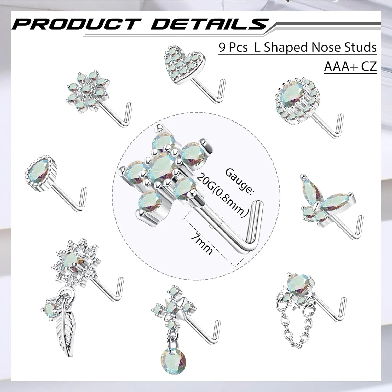 ORAZIO 9Pcs 20G Nose Rings Studs for Women Stainless Steel Nose Stud L Shaped Cute Dangle Nose Rings Butterfly Heart Star Feather Flower CZ L Shaped Nose Ring Studs Silver Dangling Nose Piercing Jewerly