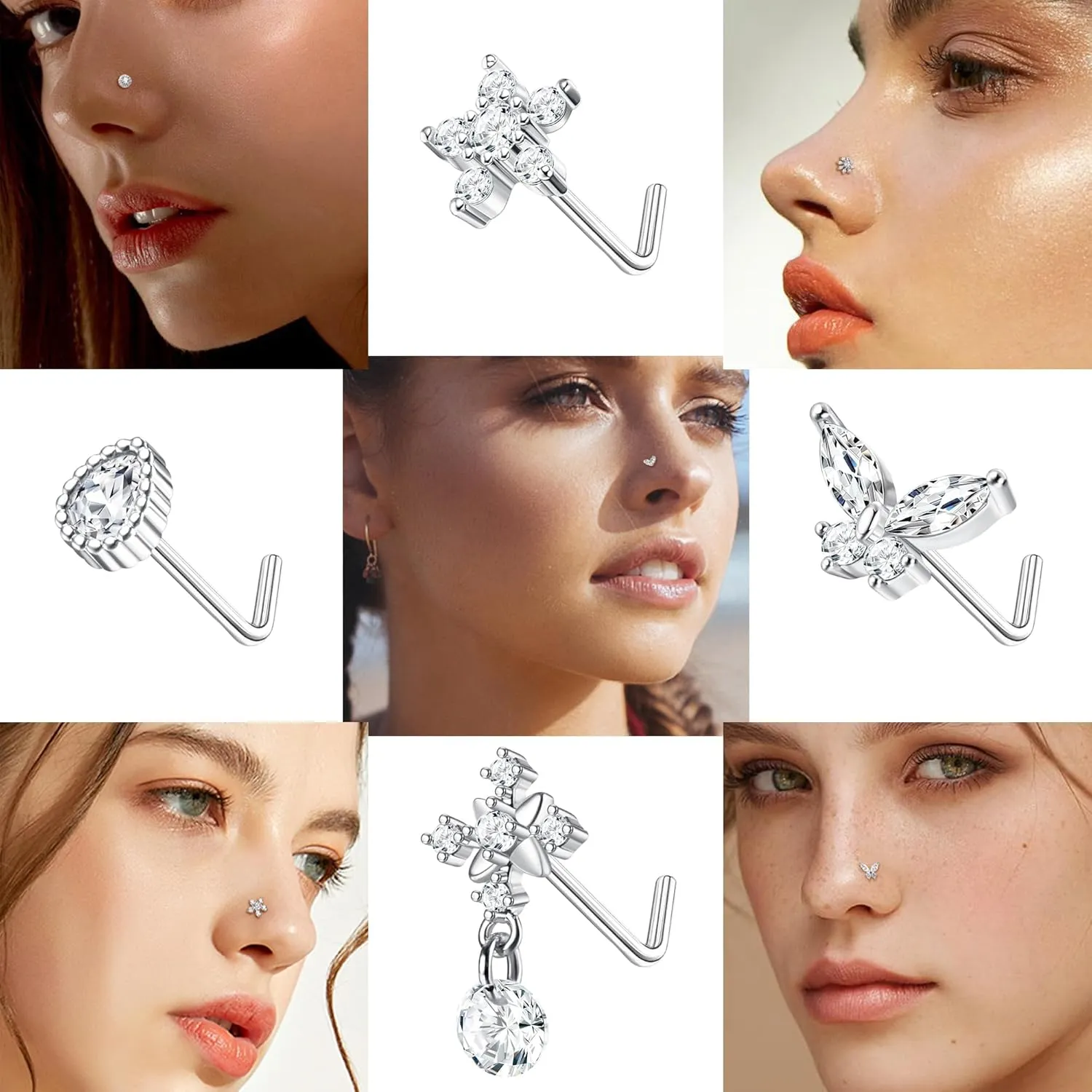 ORAZIO 9Pcs 20G Nose Rings Studs for Women Stainless Steel Nose Stud L Shaped Cute Dangle Nose Rings Butterfly Heart Star Feather Flower CZ L Shaped Nose Ring Studs Silver Dangling Nose Piercing Jewerly