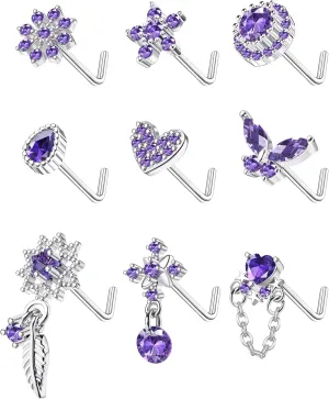ORAZIO 9Pcs 20G Nose Rings Studs for Women Stainless Steel Nose Stud L Shaped Cute Dangle Nose Rings Butterfly Heart Star Feather Flower CZ L Shaped Nose Ring Studs Silver Dangling Nose Piercing Jewerly