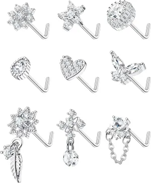 ORAZIO 9Pcs 20G Nose Rings Studs for Women Stainless Steel Nose Stud L Shaped Cute Dangle Nose Rings Butterfly Heart Star Feather Flower CZ L Shaped Nose Ring Studs Silver Dangling Nose Piercing Jewerly