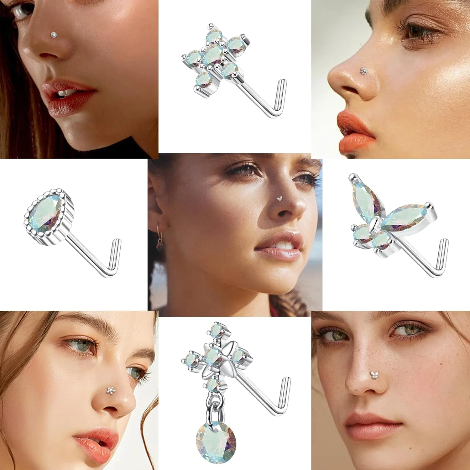 ORAZIO 9Pcs 20G Nose Rings Studs for Women Stainless Steel Nose Stud L Shaped Cute Dangle Nose Rings Butterfly Heart Star Feather Flower CZ L Shaped Nose Ring Studs Silver Dangling Nose Piercing Jewerly
