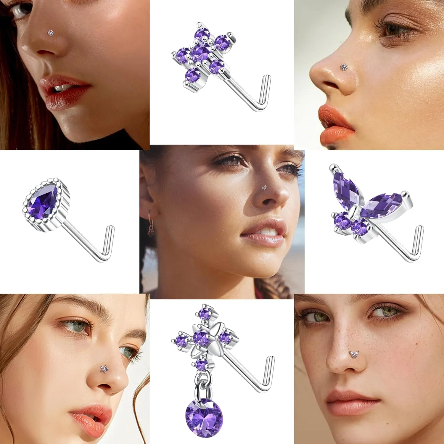 ORAZIO 9Pcs 20G Nose Rings Studs for Women Stainless Steel Nose Stud L Shaped Cute Dangle Nose Rings Butterfly Heart Star Feather Flower CZ L Shaped Nose Ring Studs Silver Dangling Nose Piercing Jewerly