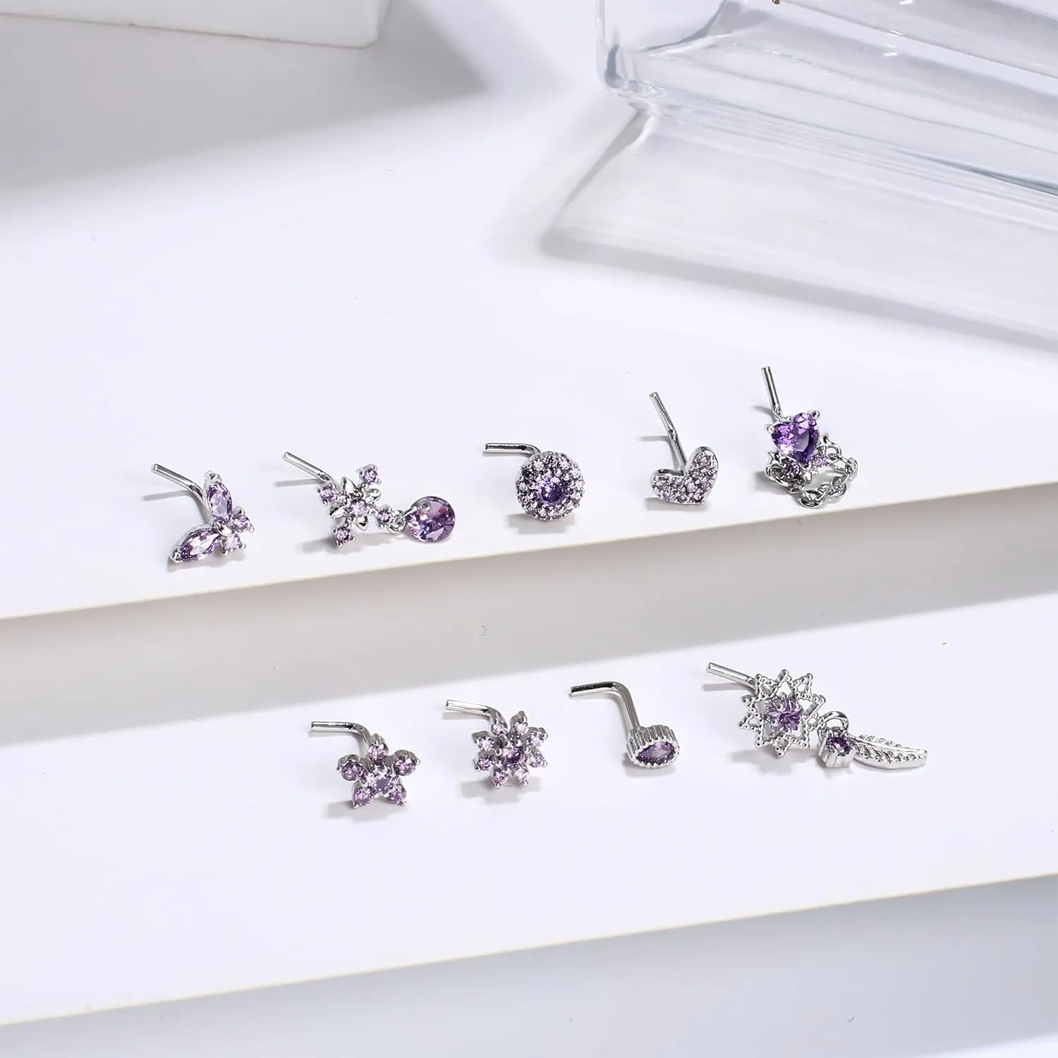 ORAZIO 9Pcs 20G Nose Rings Studs for Women Stainless Steel Nose Stud L Shaped Cute Dangle Nose Rings Butterfly Heart Star Feather Flower CZ L Shaped Nose Ring Studs Silver Dangling Nose Piercing Jewerly