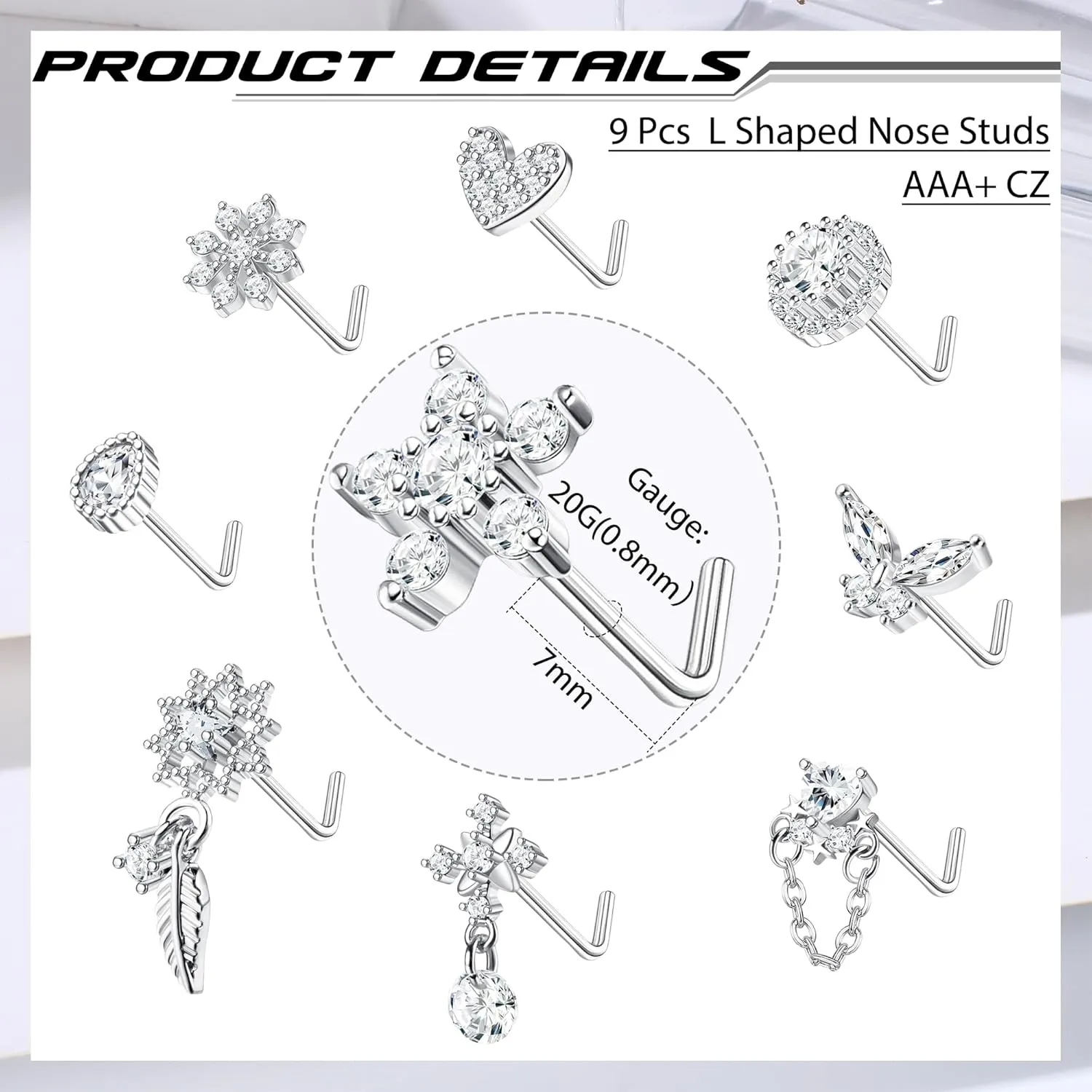 ORAZIO 9Pcs 20G Nose Rings Studs for Women Stainless Steel Nose Stud L Shaped Cute Dangle Nose Rings Butterfly Heart Star Feather Flower CZ L Shaped Nose Ring Studs Silver Dangling Nose Piercing Jewerly