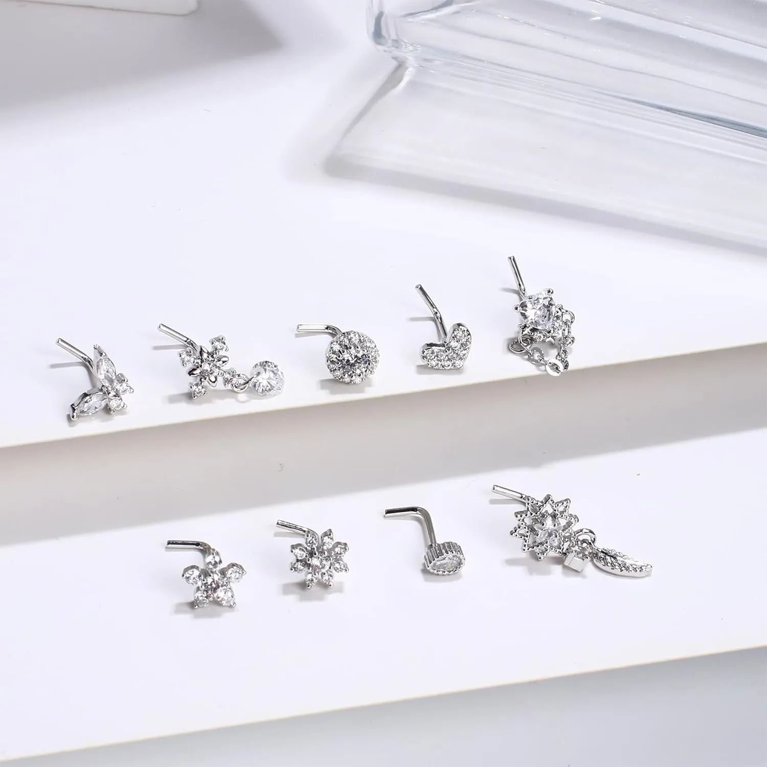 ORAZIO 9Pcs 20G Nose Rings Studs for Women Stainless Steel Nose Stud L Shaped Cute Dangle Nose Rings Butterfly Heart Star Feather Flower CZ L Shaped Nose Ring Studs Silver Dangling Nose Piercing Jewerly