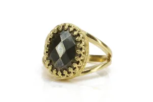Oval Pyrite Gemstone Ring - Double Band 14k Gold Solitaire - Vintage Handmade Ring for Engagement, Wedding, Casual Wear - Jewelry for Birthday, Anniversary