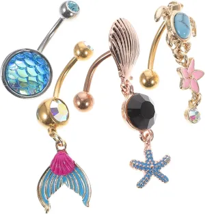 PartyKindom 4Pcs Mermaid Navel Ring Belly Button Jewelry with Turtle and Flower Design Chic Body Piercing Rings for Women Birthdays and Special