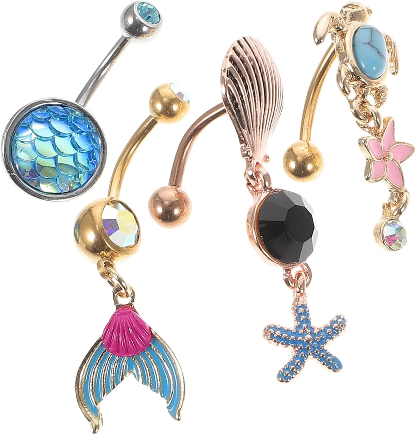 PartyKindom 4Pcs Mermaid Navel Ring Belly Button Jewelry with Turtle and Flower Design Chic Body Piercing Rings for Women Birthdays and Special