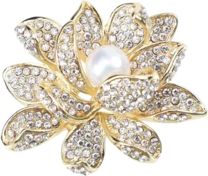 PartyKindom Elegant Gold-white Pearl Lotus Brooch Floral Pearl Flower Brooches for Women Alloy Lotus Corsage Jewelry Set