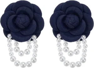 PATIKIL Fabric Camellia Flower Brooches, 2 Pcs Elegant Pearl Tassel Brooches Floral Pins Bracelet Dual Use for Women Suit Hat Dress Shirt Tie Corsage, Navy Blue