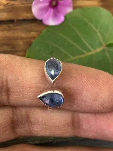 Pear Shape Blue Sapphire Double Stone Adjustable Ring, Cut Sapphire 925 Sterling Silver Ring, Handmade Ring, Midi Bohemian ring for Women