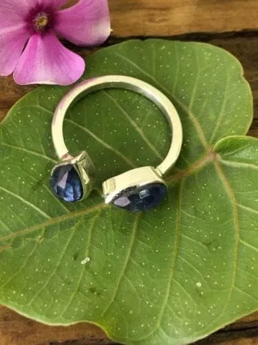 Pear Shape Blue Sapphire Double Stone Adjustable Ring, Cut Sapphire 925 Sterling Silver Ring, Handmade Ring, Midi Bohemian ring for Women