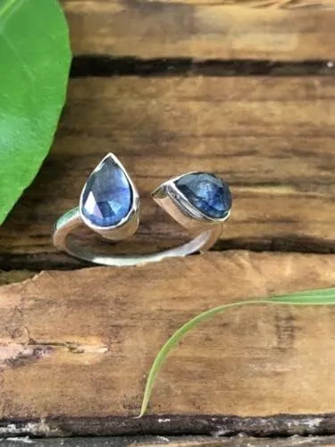 Pear Shape Blue Sapphire Double Stone Adjustable Ring, Cut Sapphire 925 Sterling Silver Ring, Handmade Ring, Midi Bohemian ring for Women