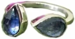 Pear Shape Blue Sapphire Double Stone Adjustable Ring, Cut Sapphire 925 Sterling Silver Ring, Handmade Ring, Midi Bohemian ring for Women