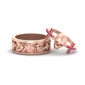 Pink Diamond Nautical Anchor Skull Gothic Holy Cross Matching Engagement Ring Band Set For Couple 925 Silver