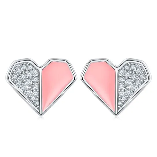 Pink Enamel Heart Silver Stud Earrings