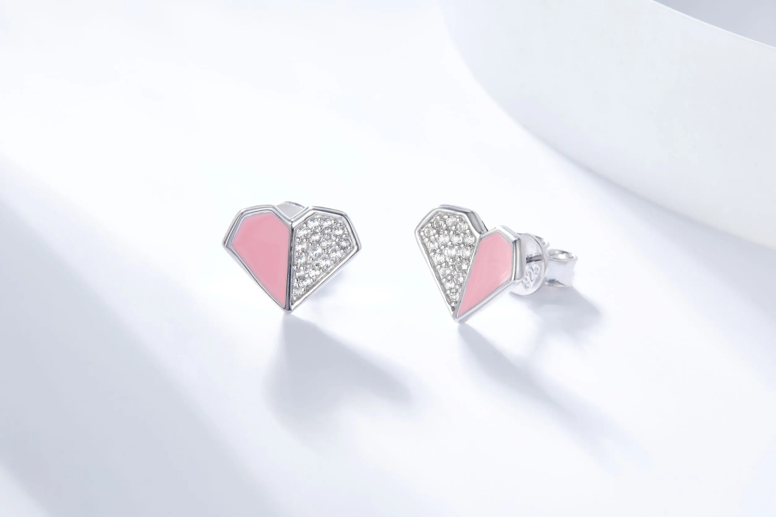 Pink Enamel Heart Silver Stud Earrings