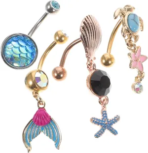 PRETYZOOM Stainless Steel Belly Button Rings 4 Piece Set Flower Turtle Shell Body Jewelry