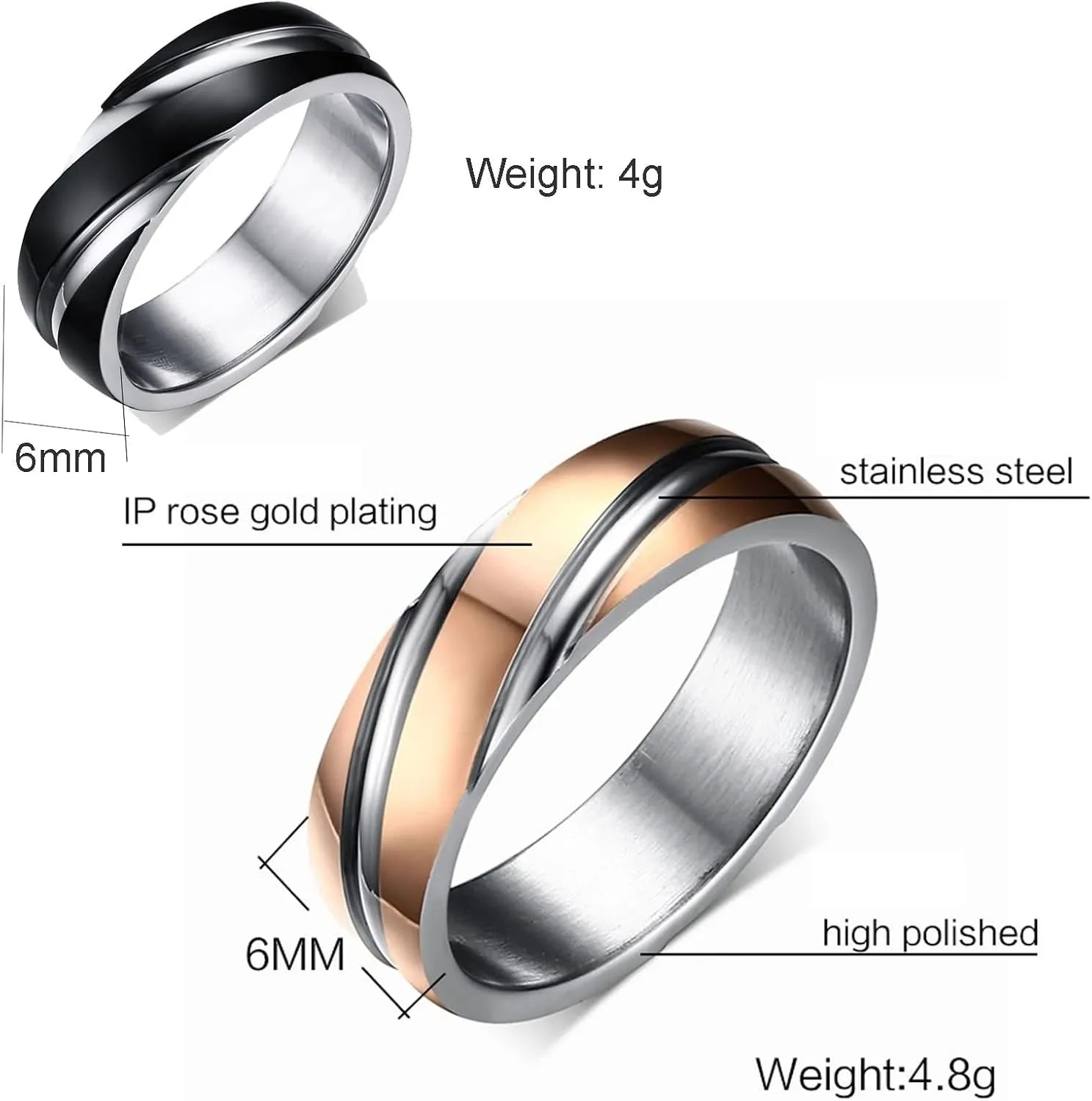 Promise Ring Engraving Couple Rings Promise,Couple Rings Stainless Steel Black Rose Gold Round Ring 6MM Anniversary Rings Couple