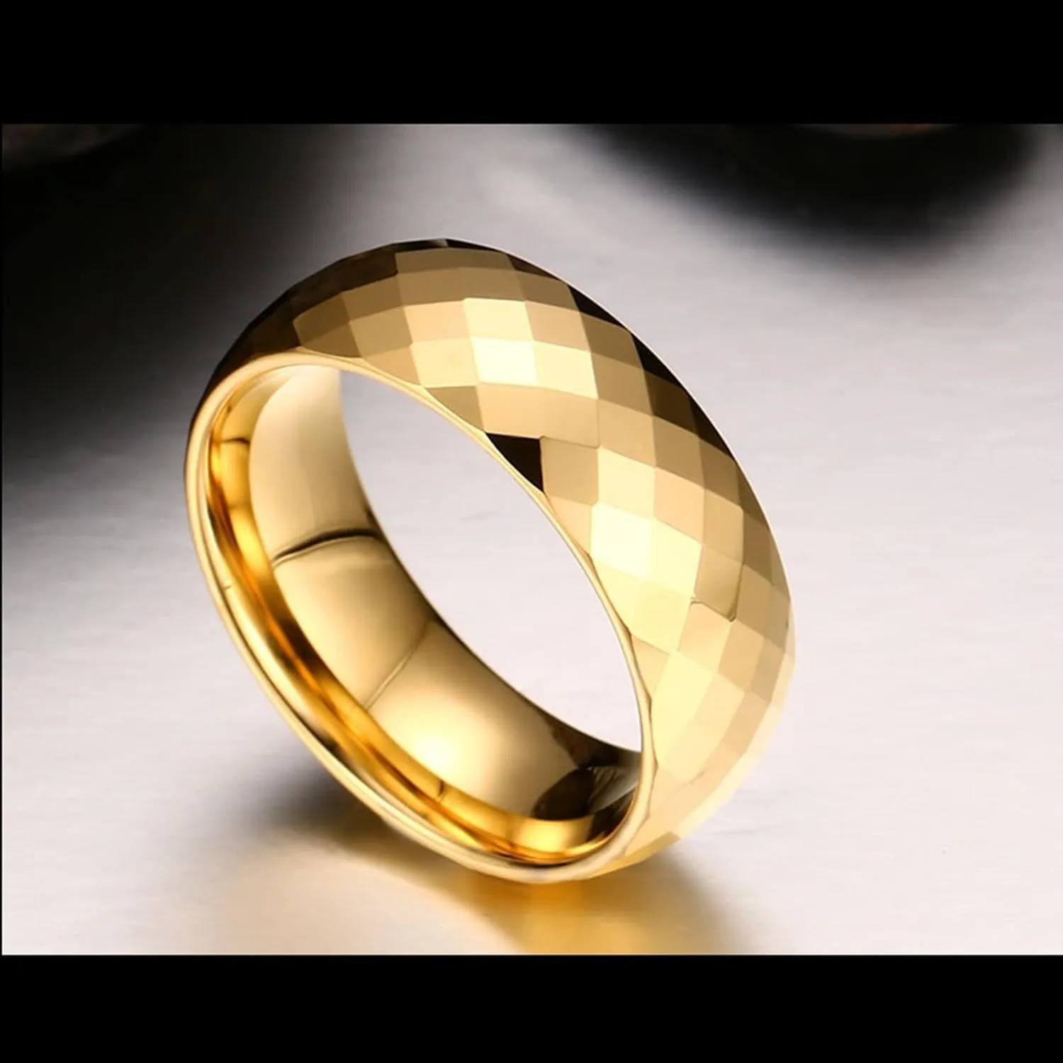 Promise Rings for Couples, Gold Tungsten Rings for Men Multi-Faceted Ring 8mm Rings for Men and Women