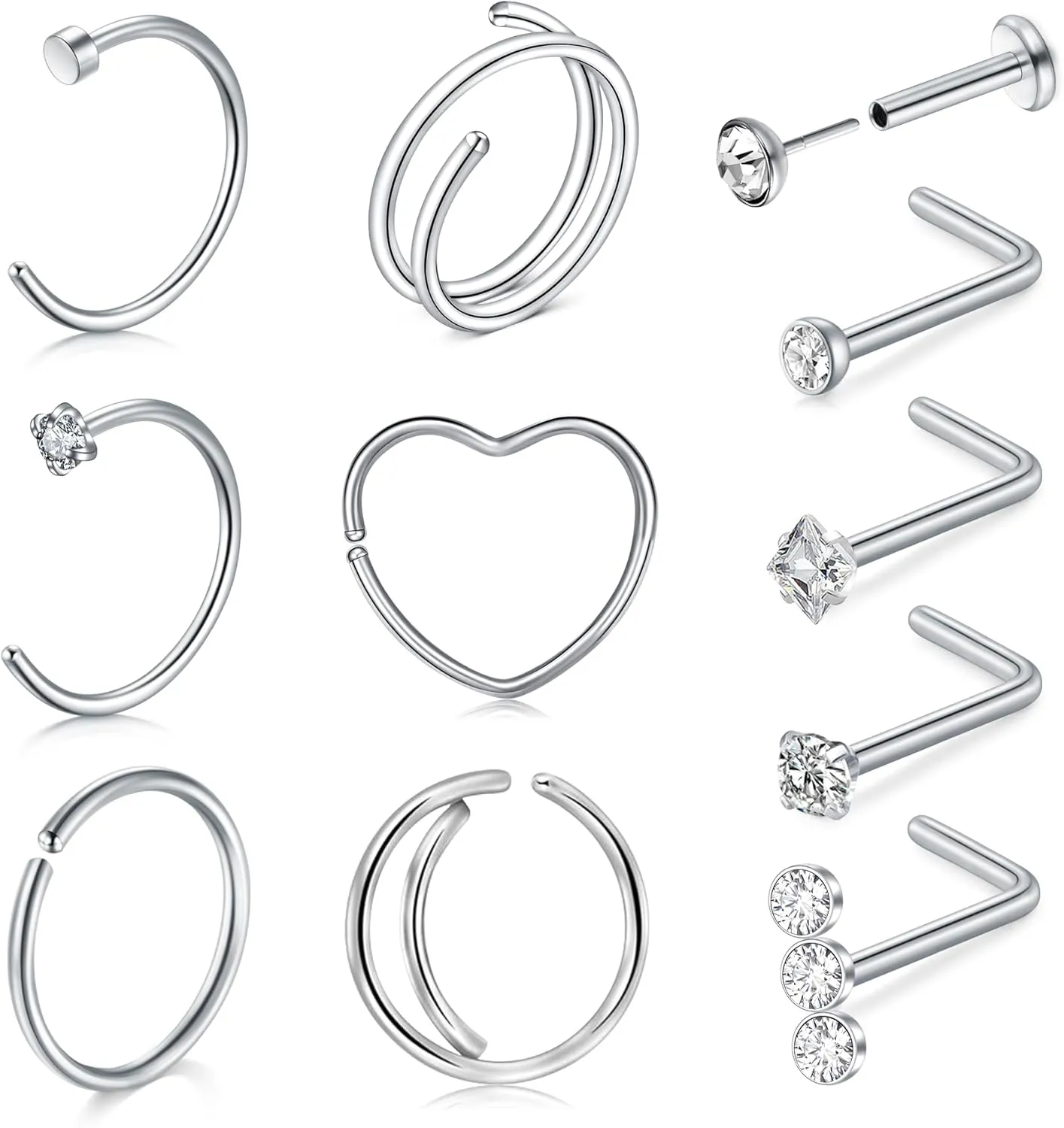 QWALIT 18g & 20g Nose Rings & Hoops - L & C Shape Studs - Surgical Stainless Steel & Silver Nose Piercing Jewelry - Rose Gold & Black - For Women & Men