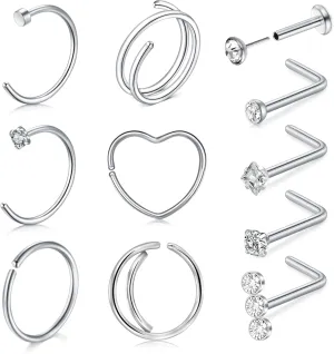 QWALIT 18g & 20g Nose Rings & Hoops - L & C Shape Studs - Surgical Stainless Steel & Silver Nose Piercing Jewelry - Rose Gold & Black - For Women & Men