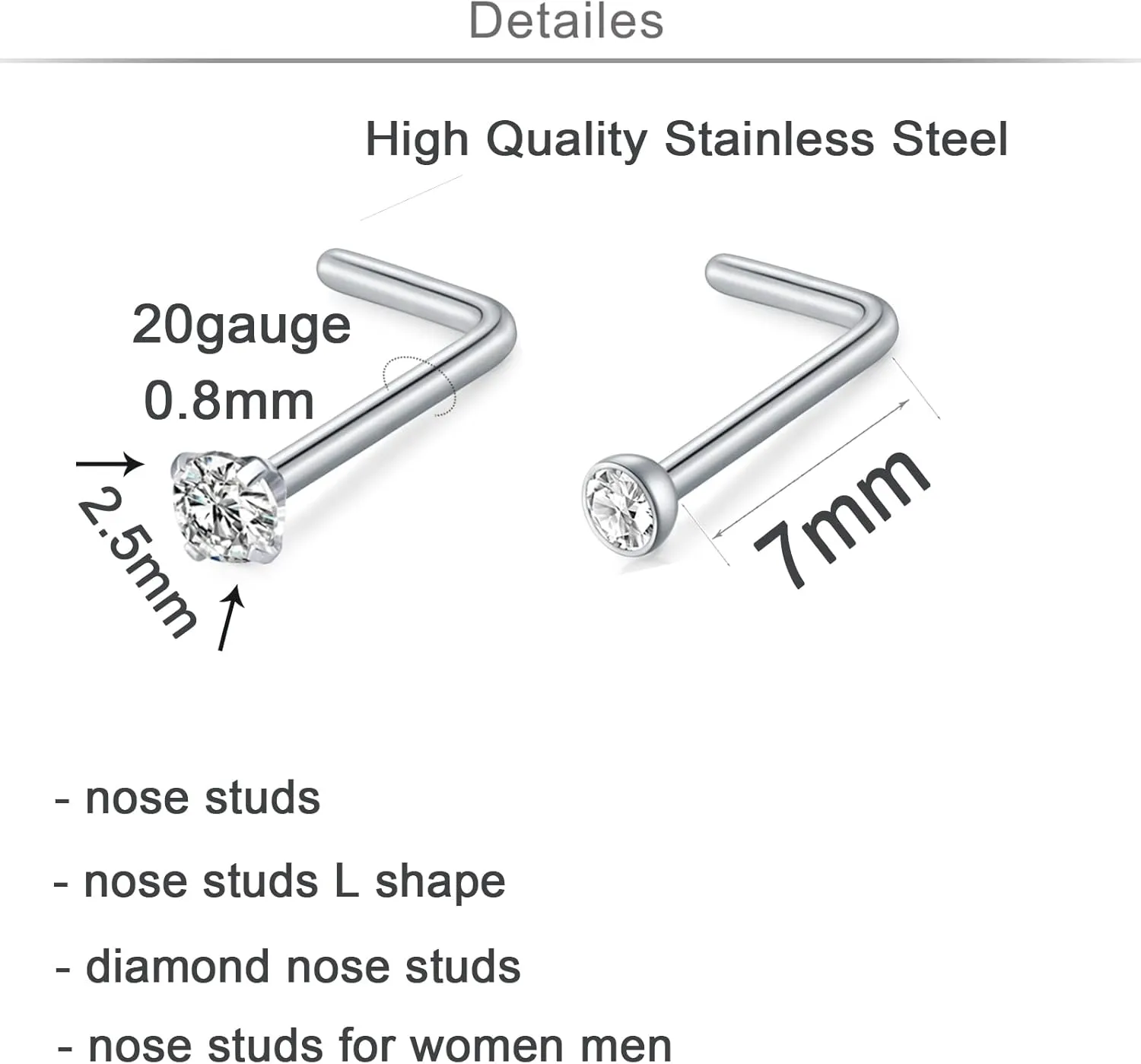 QWALIT 18g & 20g Nose Rings & Hoops - L & C Shape Studs - Surgical Stainless Steel & Silver Nose Piercing Jewelry - Rose Gold & Black - For Women & Men