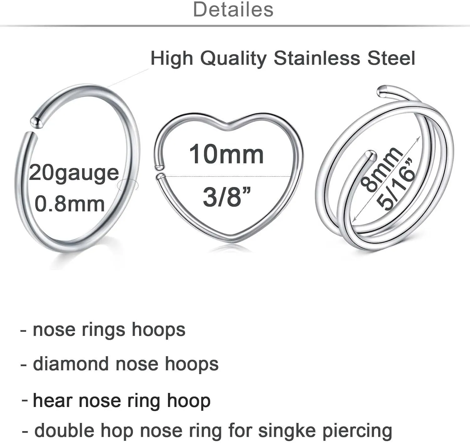 QWALIT Nose Rings - Double Hoop Nose Rings for Single Piercing