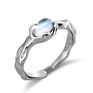 Rainbow Moonstone Ring for Women, Small Adjustable Open Ring with Genuine Moonstone, Sterling Silver Moonstone Jewelry, Unique Gemstone Rings for Gift