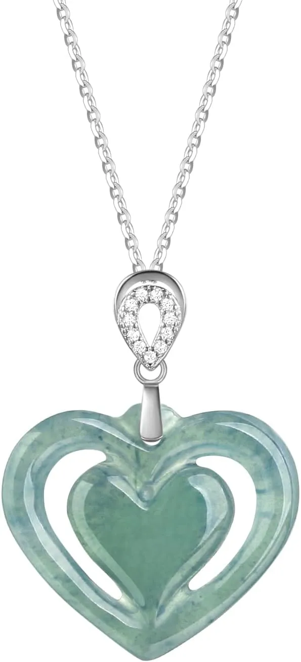 Real Green Jade Heart-Shaped Pendant Necklace for Woman Genuine Grade A Certified Jadeite Love Jewelry with 925 Sterling Silver Chain Birthday Mother's Day Gifts for Her Mom Wife