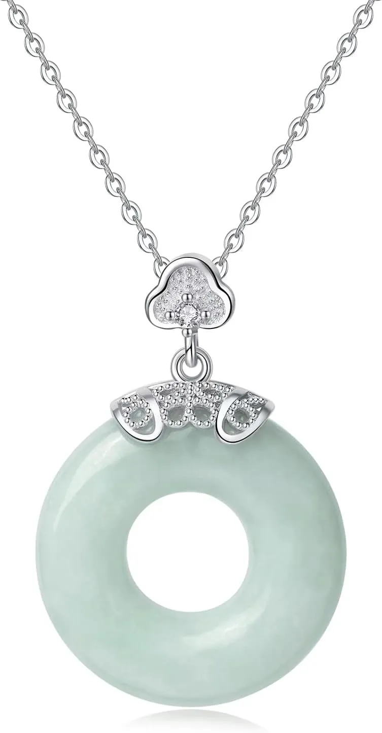 Real Natural Green Jade Donut Pendant Necklace for Woman Genuine Grade A Jadeite Circle Round Pendant Jewelry with 925 Sterling Silver Chain Birthday Mother's Day Gifts for Her Mom Wife