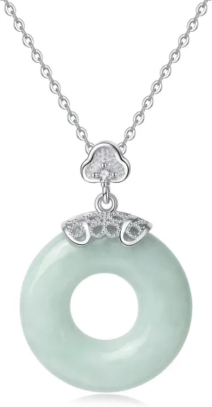 Real Natural Green Jade Donut Pendant Necklace for Woman Genuine Grade A Jadeite Circle Round Pendant Jewelry with 925 Sterling Silver Chain Birthday Mother's Day Gifts for Her Mom Wife